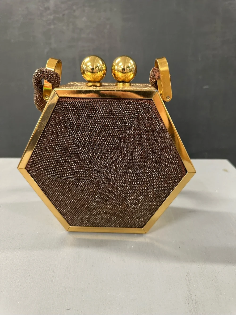 1940’s Elegant Hexagon Bronze Beaded Metallic Evening Clutch with Gold Accents